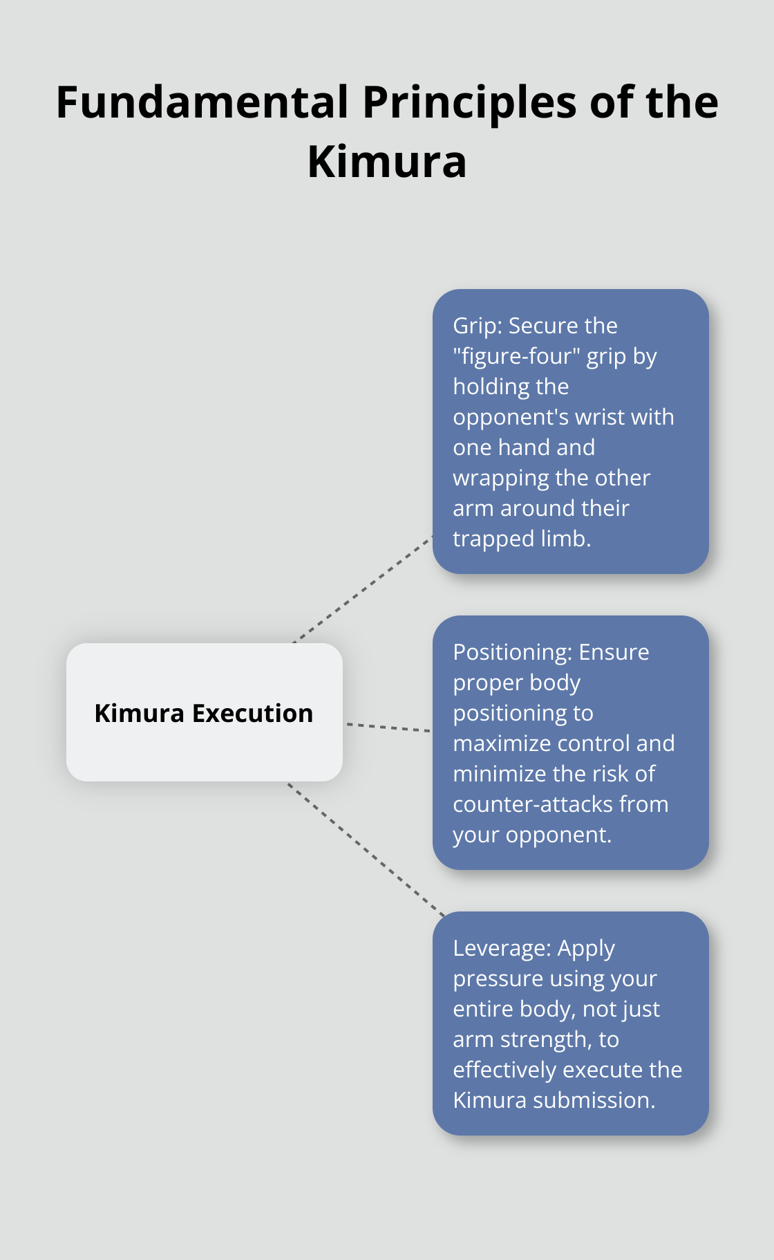 Hub and spoke chart showing the three fundamental principles of executing a Kimura: Grip, Positioning, and Leverage - americana jiu jitsu