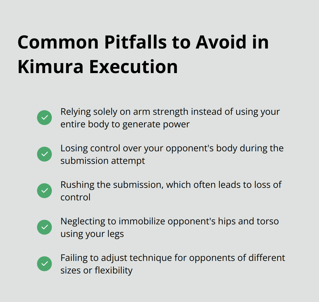 Checkmark list chart highlighting common pitfalls to avoid when executing the Kimura submission - americana jiu jitsu