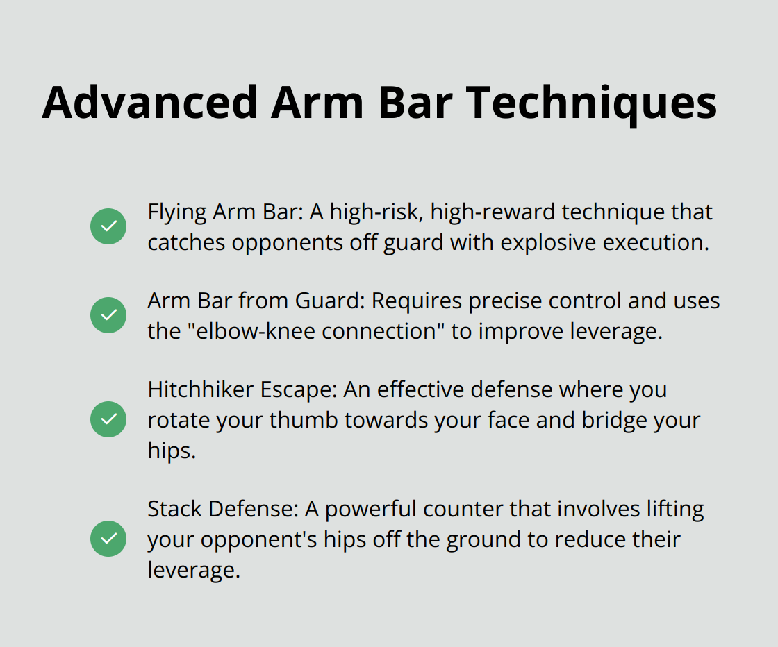 Checkmark list of advanced arm bar techniques in Jiu Jitsu: flying arm bar, arm bar from guard, hitchhiker escape, and stack defense.