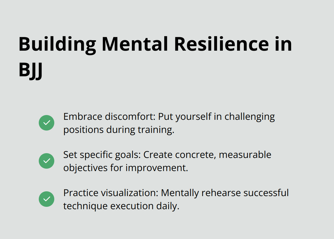 A checkmark list chart showing strategies for building mental resilience in Brazilian Jiu-Jitsu, including embracing discomfort, setting specific goals, and practicing visualization. - art of jiu jitsu