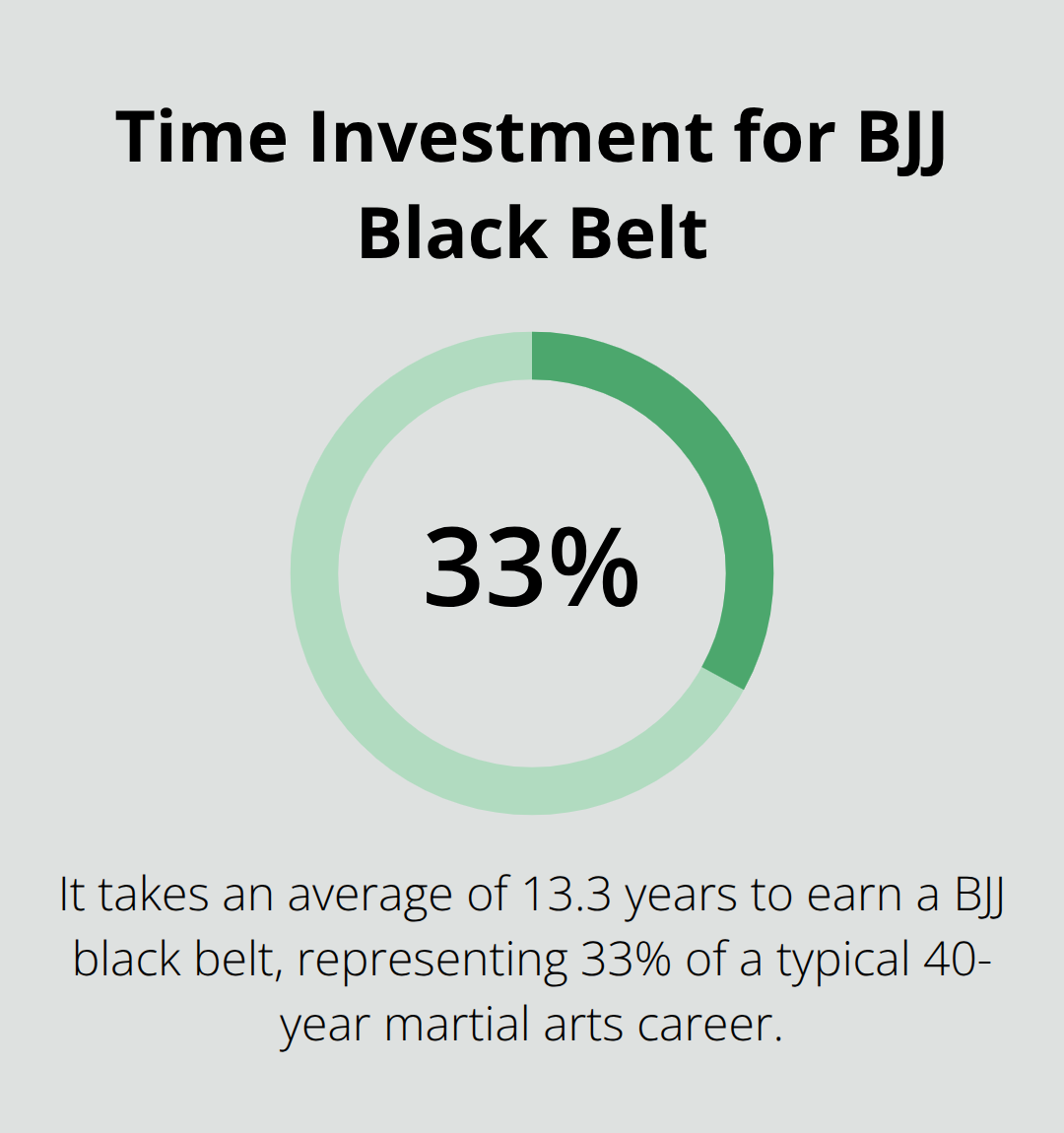 Pie chart showing 13.3 years to earn a BJJ black belt as 33.25% of a 40-year martial arts career