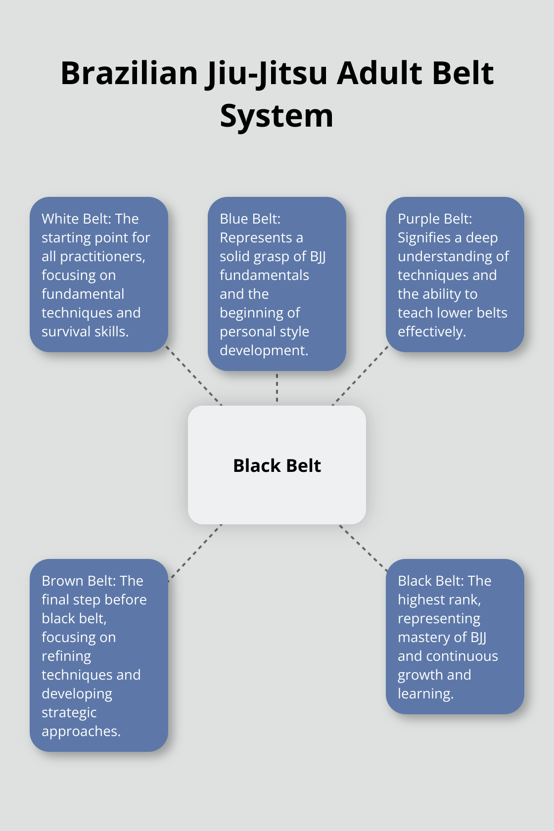 A hub and spoke chart showing the five main adult BJJ belts: white, blue, purple, brown, and black, with black belt at the center. - brazilian jiu jitsu belt order
