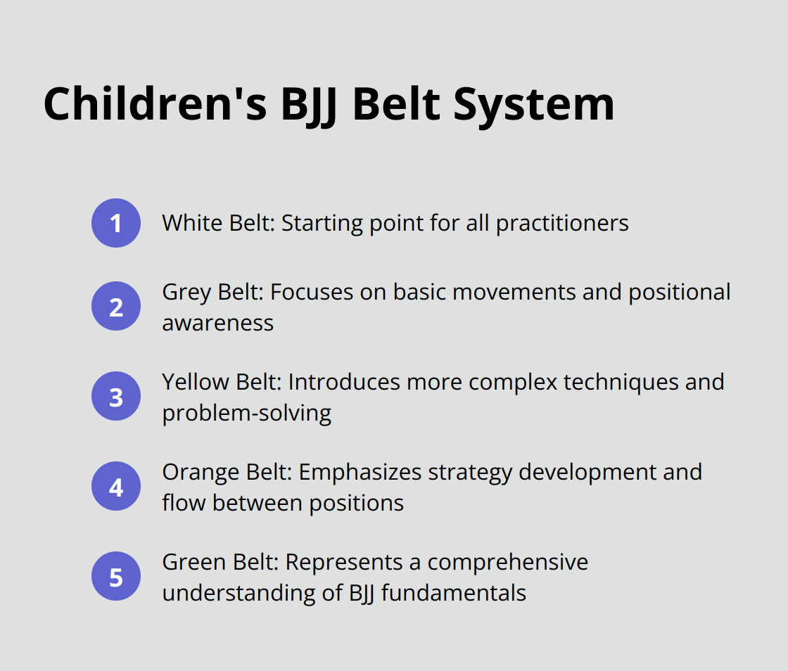 An ordered list chart showing the progression of belt colors in the children's BJJ system: white, grey, yellow, orange, and green.