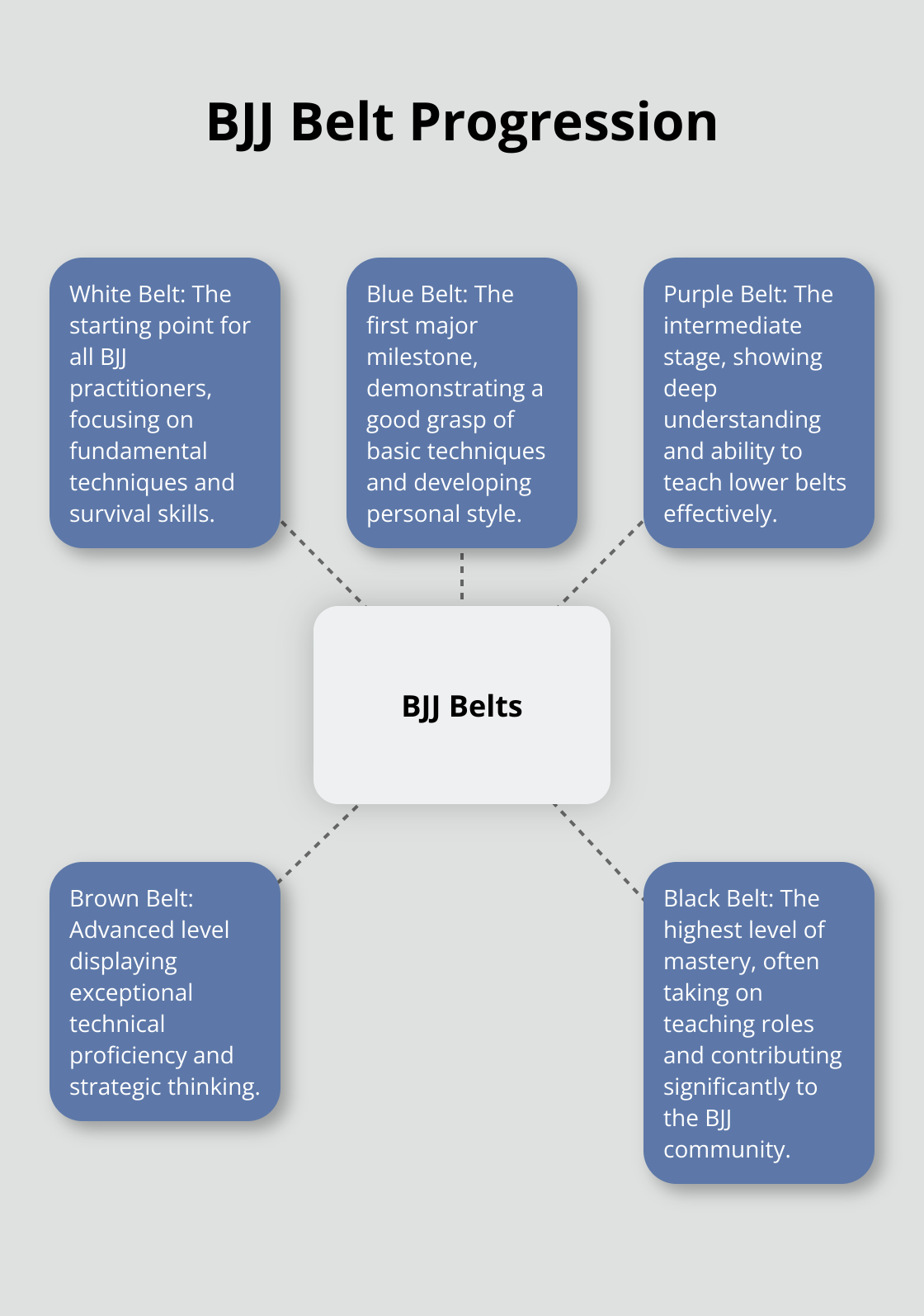 A hub and spoke chart showing the progression of Brazilian Jiu-Jitsu belt colors from white to black, including blue, purple, and brown. - brazilian jiu jitsu belts