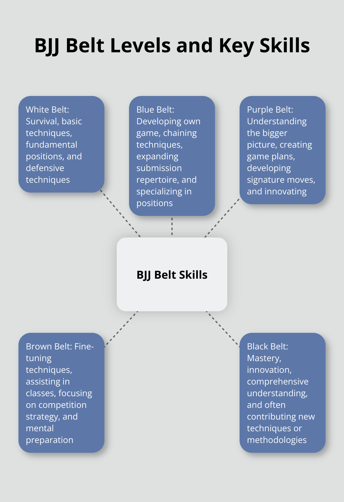 Hub and spoke chart illustrating the main skills and focus areas for each Brazilian Jiu-Jitsu belt level - coral belt jiu jitsu
