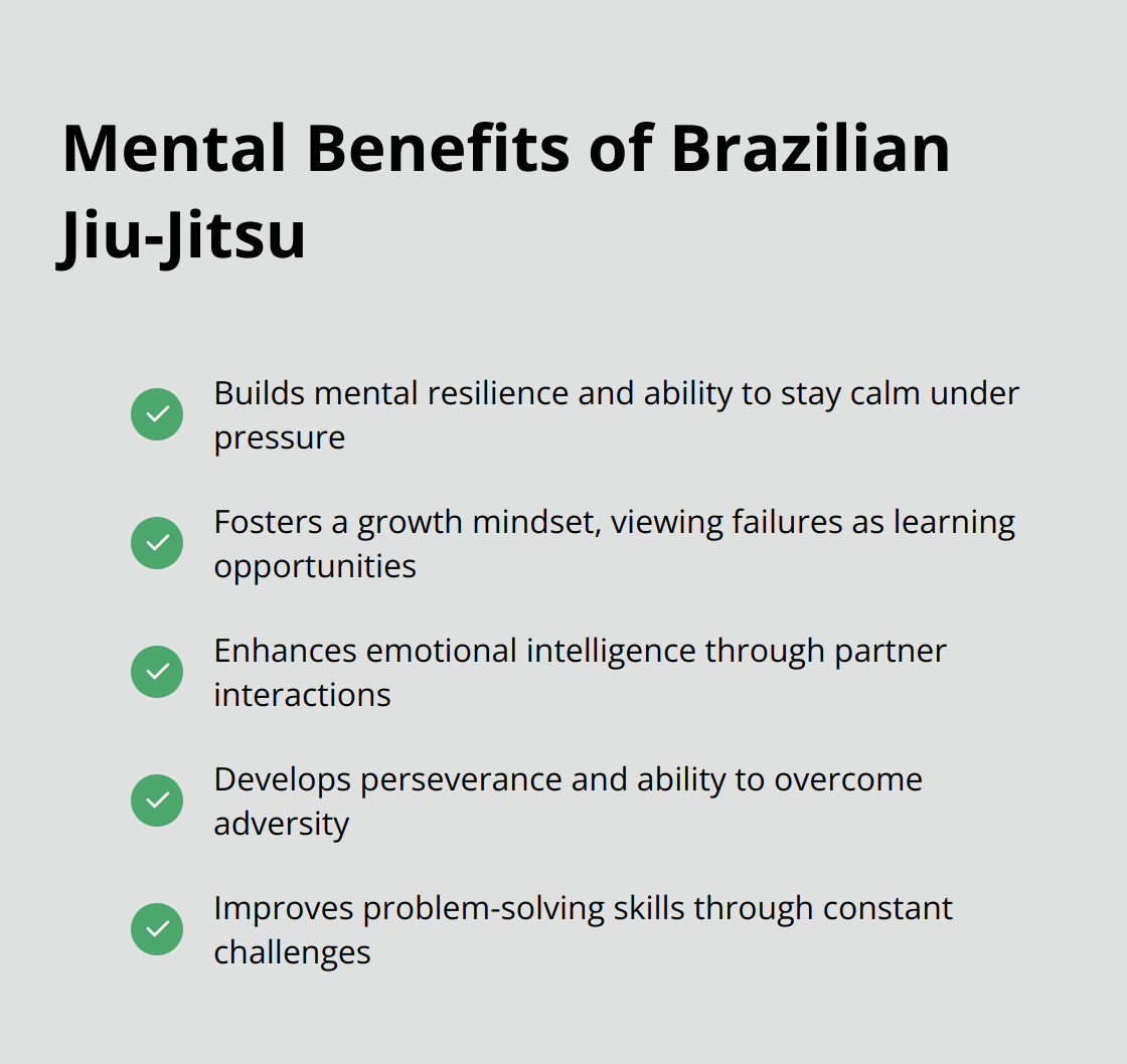 Checkmark list showing the key mental benefits gained from practicing Brazilian Jiu-Jitsu - coral belt jiu jitsu