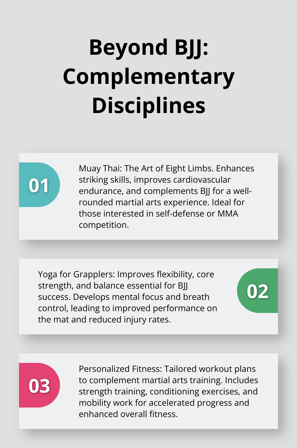 Ordered list chart showing three complementary disciplines offered at Souza Grappling Co.: Muay Thai, Yoga for Grapplers, and Personalized Fitness, along with their key benefits. - detroit jiu jitsu