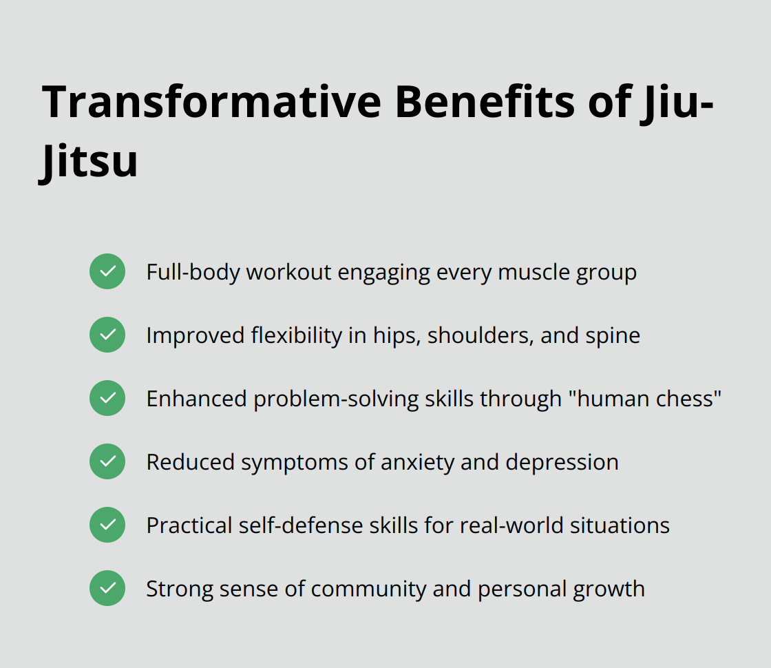 A checkmark list showing six transformative benefits of Jiu-Jitsu: Full-body workout, Improved flexibility, Enhanced problem-solving skills, Reduced anxiety and depression, Practical self-defense skills, and Strong sense of community. - difference between judo and jiu jitsu