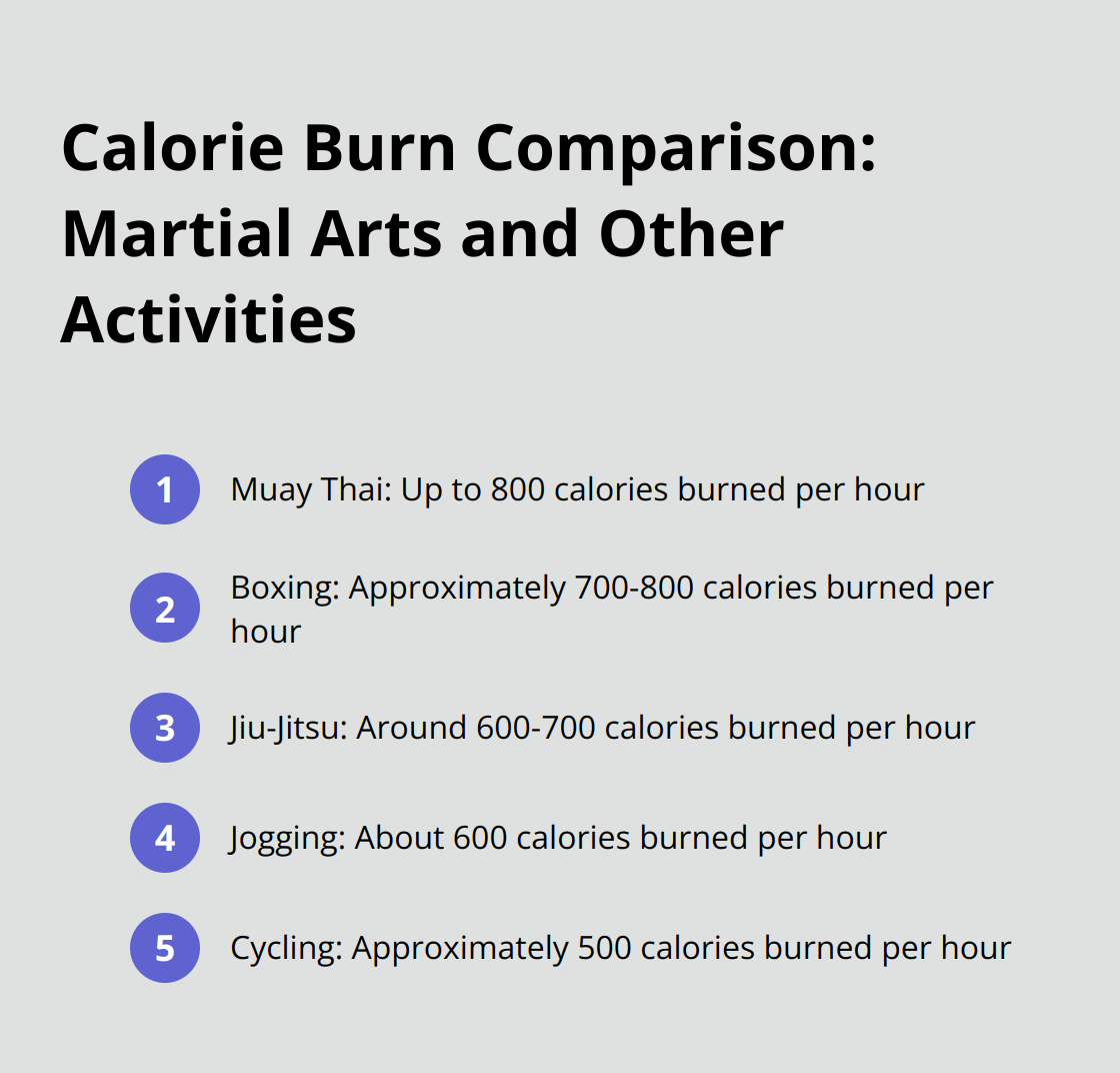 An ordered list comparing the calorie burn of various activities, with Muay Thai burning up to 800 calories per hour, followed by other martial arts and common exercises.