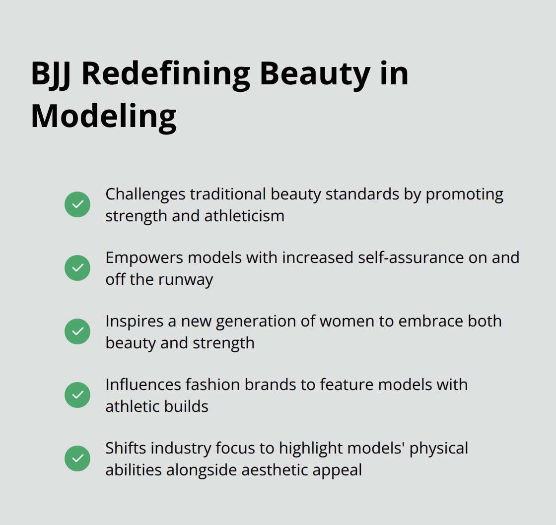 A checkmark list chart showing five ways Brazilian Jiu-Jitsu is redefining beauty standards in the modeling industry. - gisele jiu jitsu
