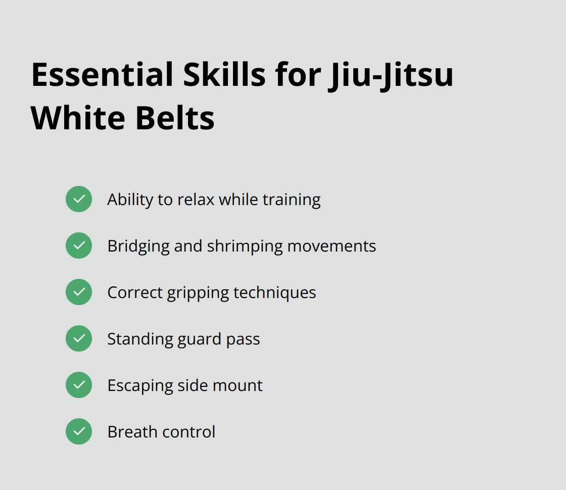 Checklist of 6 fundamental skills for Jiu-Jitsu white belts: relaxation during training, bridging and shrimping, correct gripping, standing guard pass, escaping side mount, and breath control. - how long does it take to get a black belt in jiu jitsu