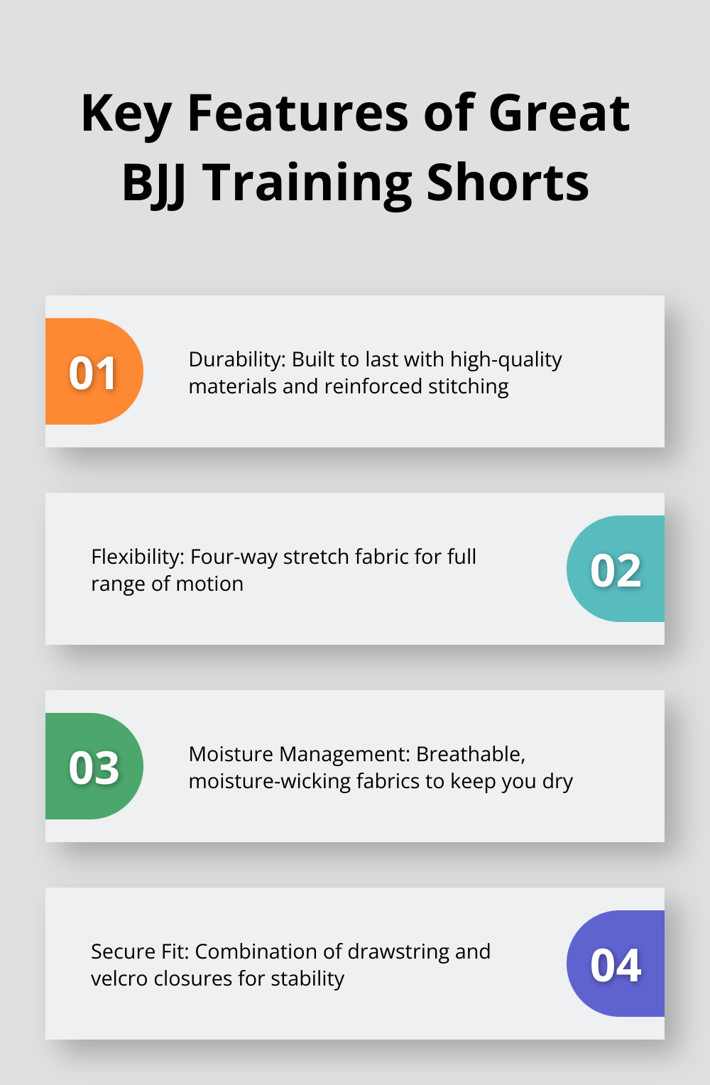 Ordered list chart showing four essential features of BJJ training shorts: durability, flexibility, moisture management, and secure fit - jiu jitsu shorts
