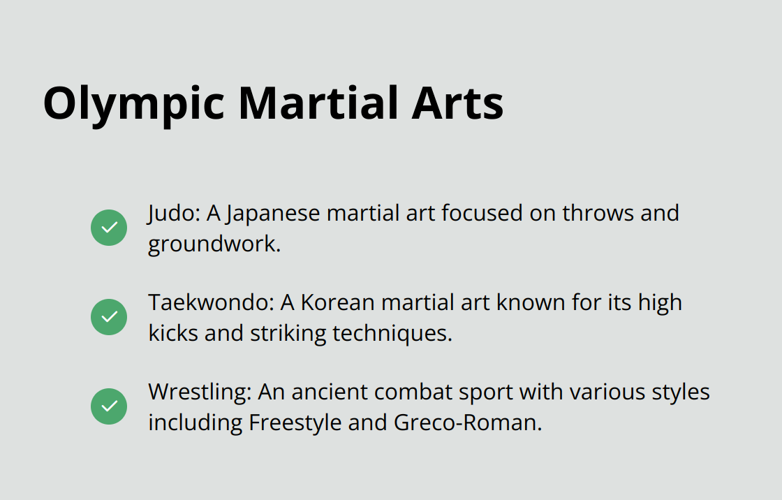 Checkmark list of martial arts currently featured in the Olympics: Judo, Taekwondo, and Wrestling. - is jiu jitsu in the olympics