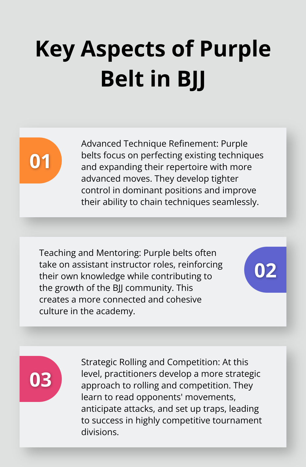 An ordered list chart highlighting three key aspects of the purple belt stage in Brazilian Jiu-Jitsu - jiu jitsu belt