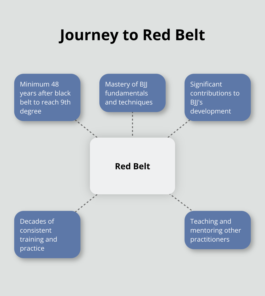A hub and spoke chart showing the long journey to reach Red Belt in Brazilian Jiu-Jitsu, with Red Belt at the center and spokes representing different aspects of the journey - jiu jitsu belt order