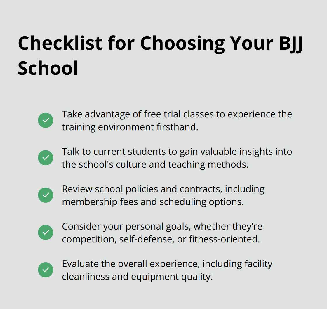 Checkmark list of five factors to consider when choosing a BJJ school: trial classes, student feedback, policies and contracts, personal goals, and overall experience - jiu jitsu classes