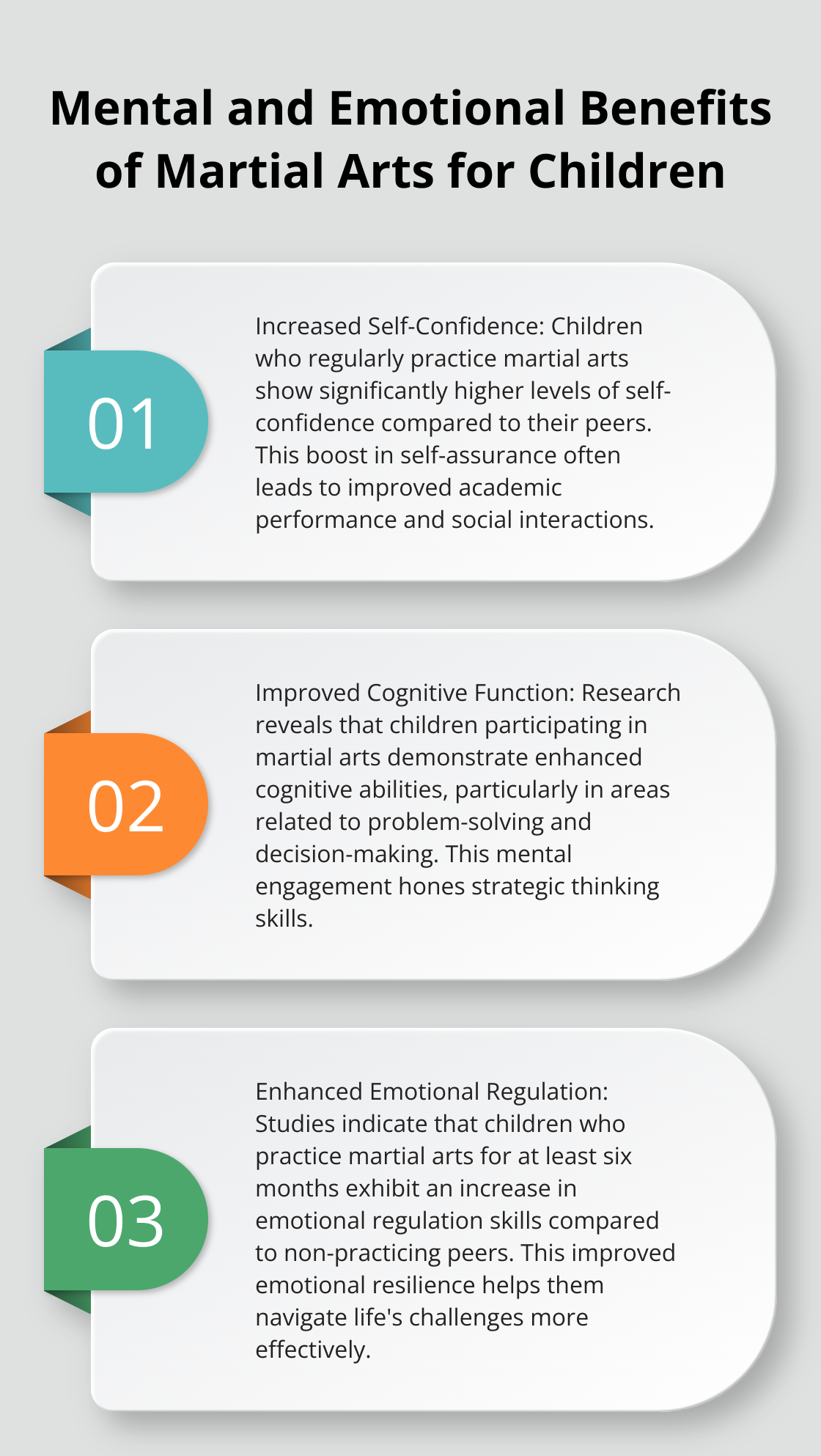 Ordered list chart showing three key mental and emotional benefits of martial arts for children: increased self-confidence, improved cognitive function, and enhanced emotional regulation