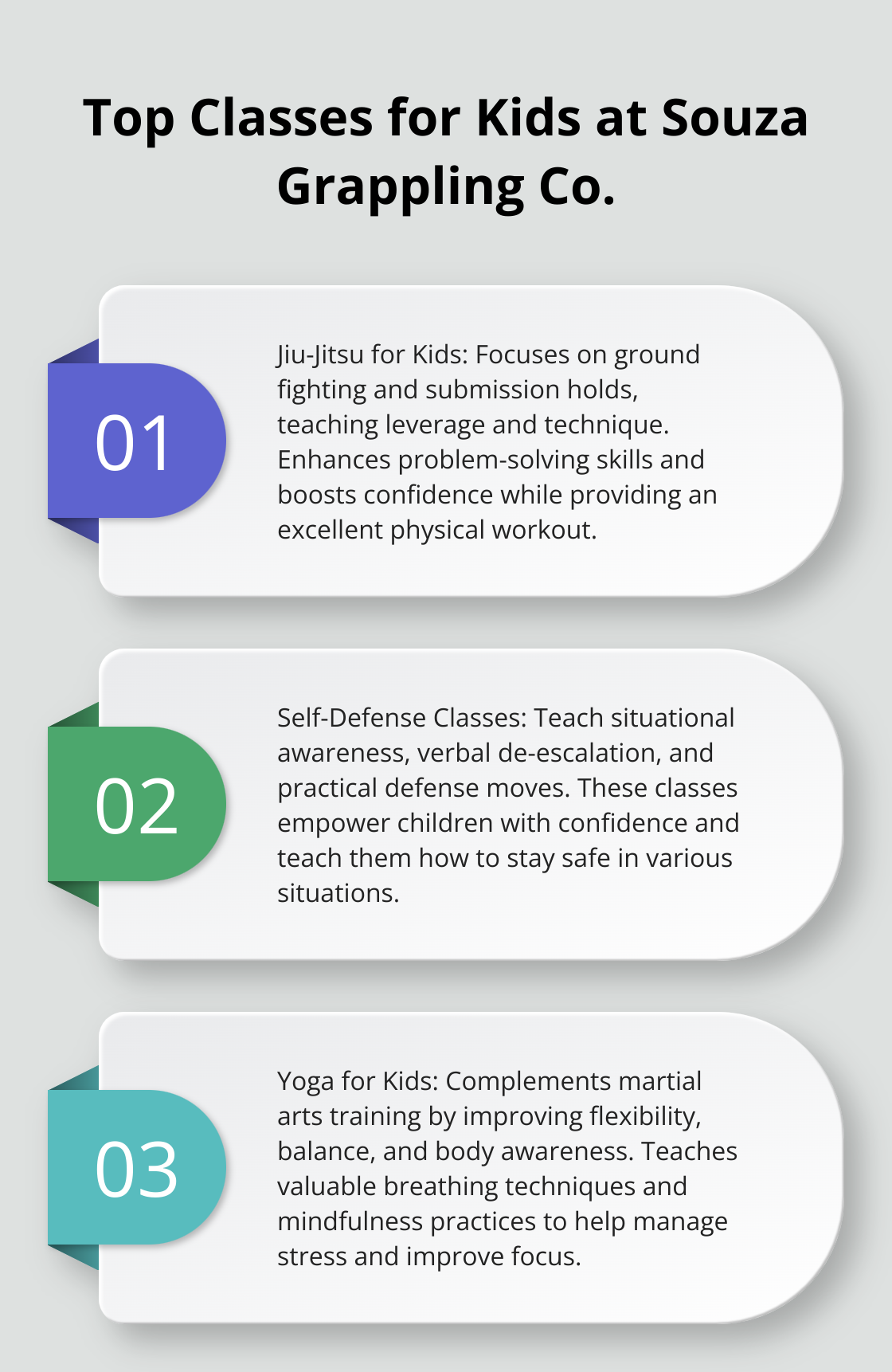 Ordered list chart showing the three main martial arts classes offered for children at Souza Grappling Co. - jiu jitsu kids