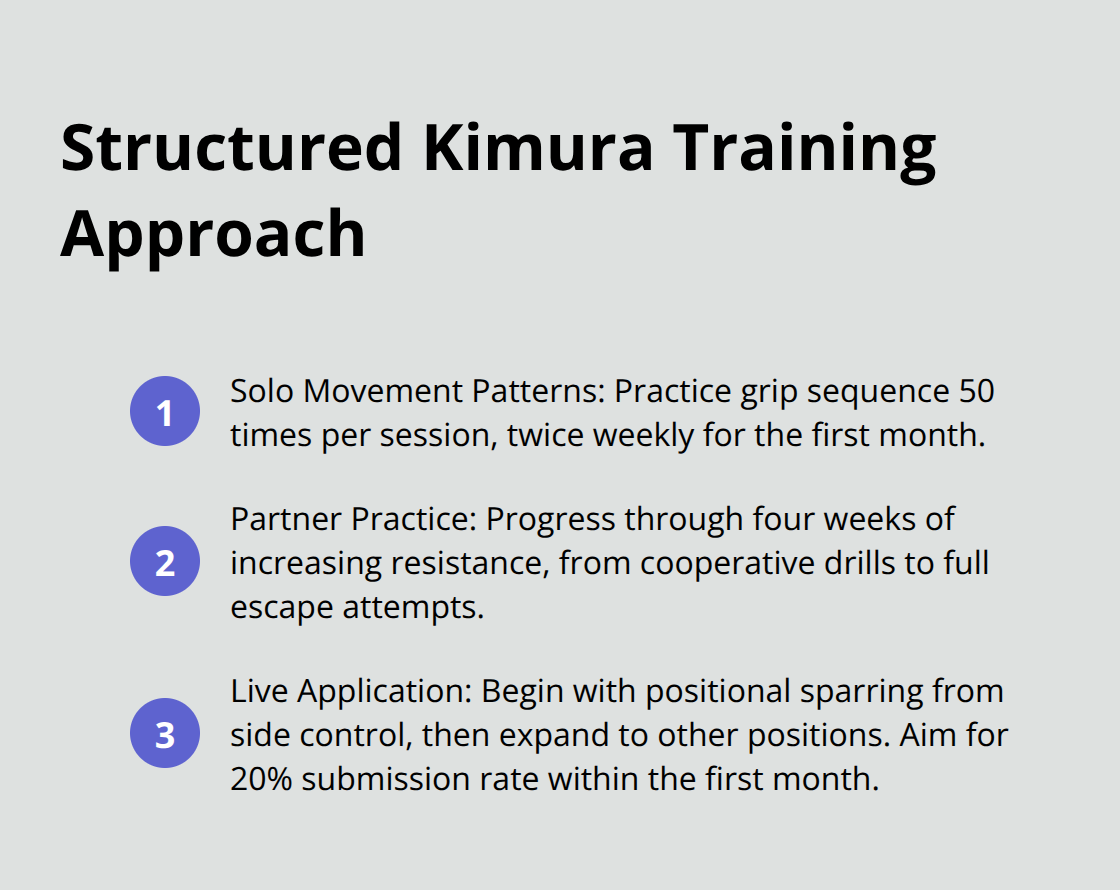 Compact ordered list chart showing the three phases of structured kimura training: solo movement patterns, partner practice with progressive resistance, and live application targeting specific scenarios.
