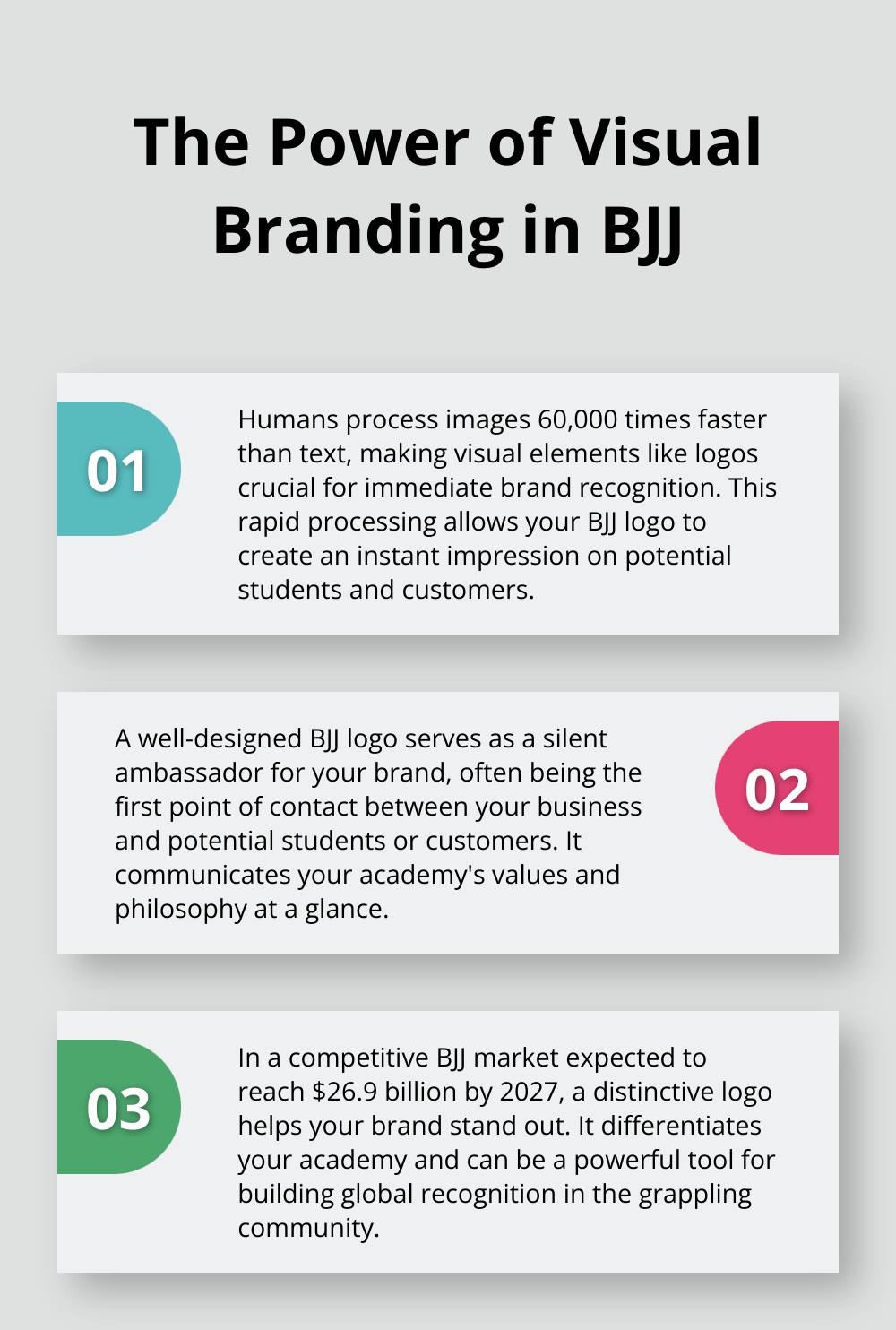 Chart illustrating three key points about the importance of visual branding in Brazilian Jiu-Jitsu