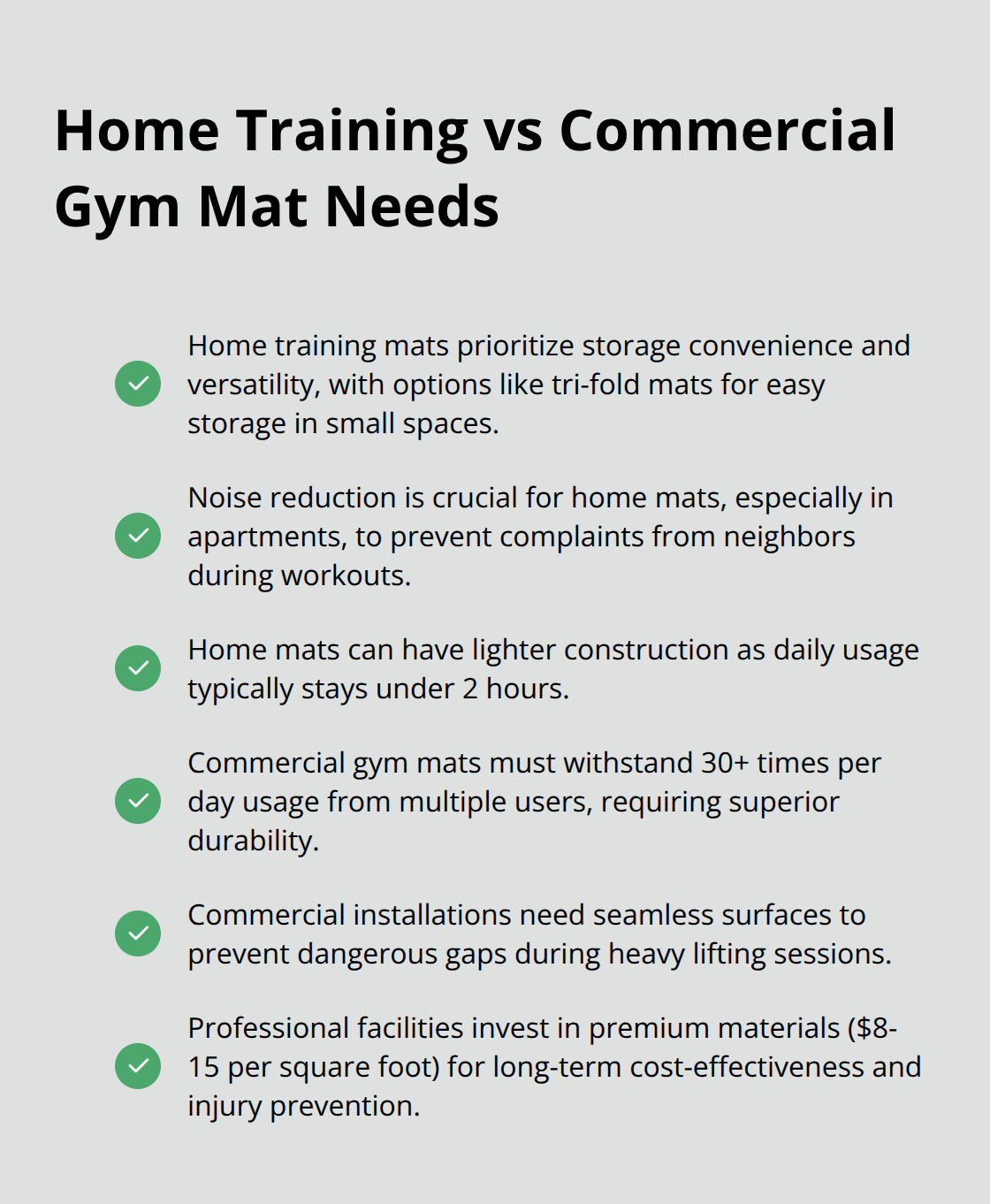 Checkmark list comparing mat requirements for home training and commercial gym settings