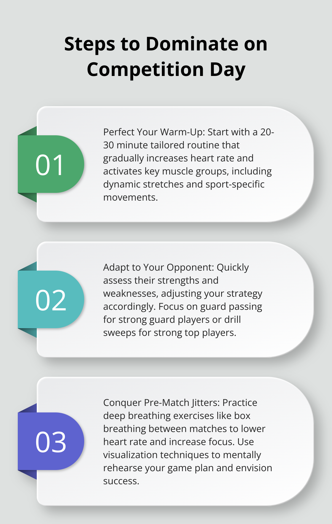 Ordered list chart showing three key steps to dominate on Jiu-Jitsu competition day - jiu jitsu no gi
