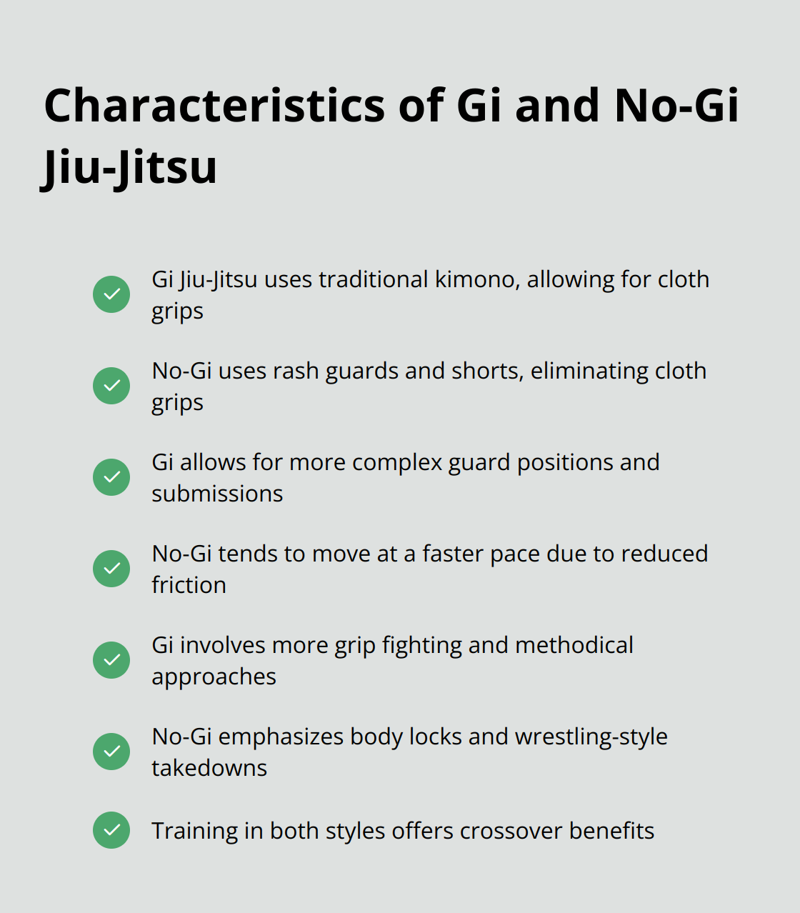 Checkmark list comparing characteristics of Gi and No-Gi Jiu-Jitsu, including attire, grips, techniques, pace, and strategic approaches - jiu jitsu vs brazilian jiu jitsu
