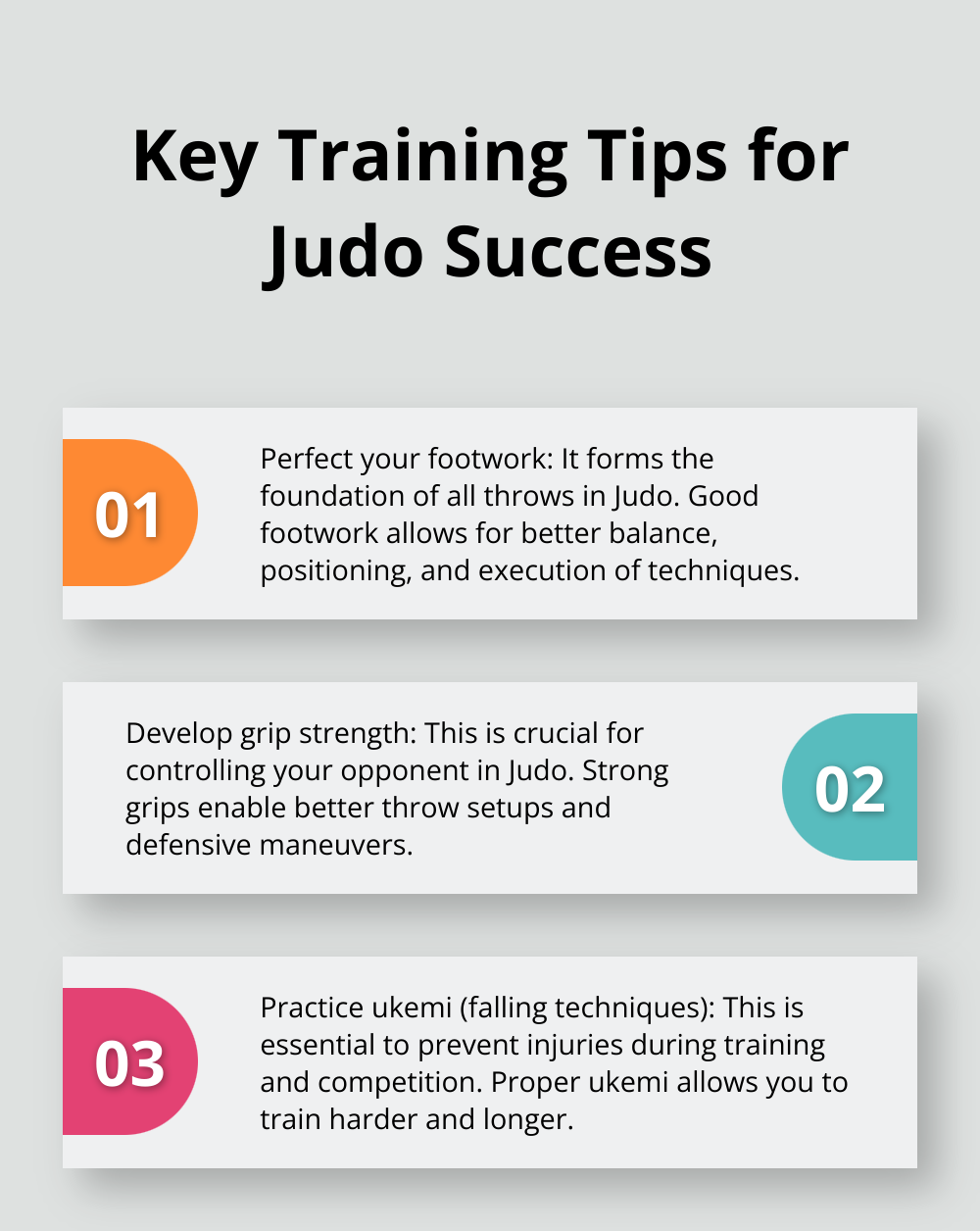 Ordered list chart showing three key training tips for success in Judo: perfect footwork, develop grip strength, and practice ukemi - jiu jitsu vs judo