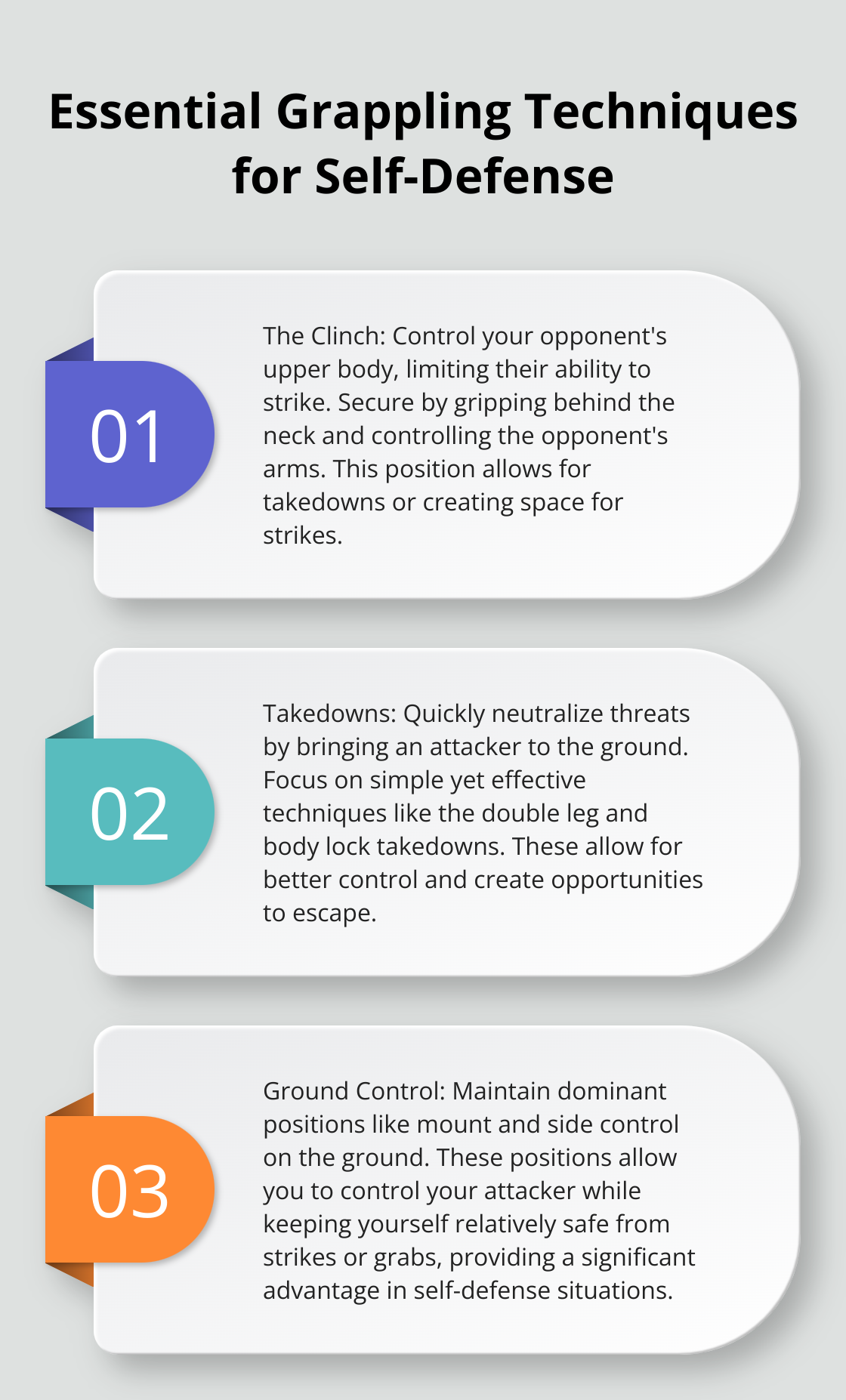 An ordered list chart showing three essential grappling techniques for self-defense: The Clinch, Takedowns, and Ground Control. - jiu jitsu vs muay thai