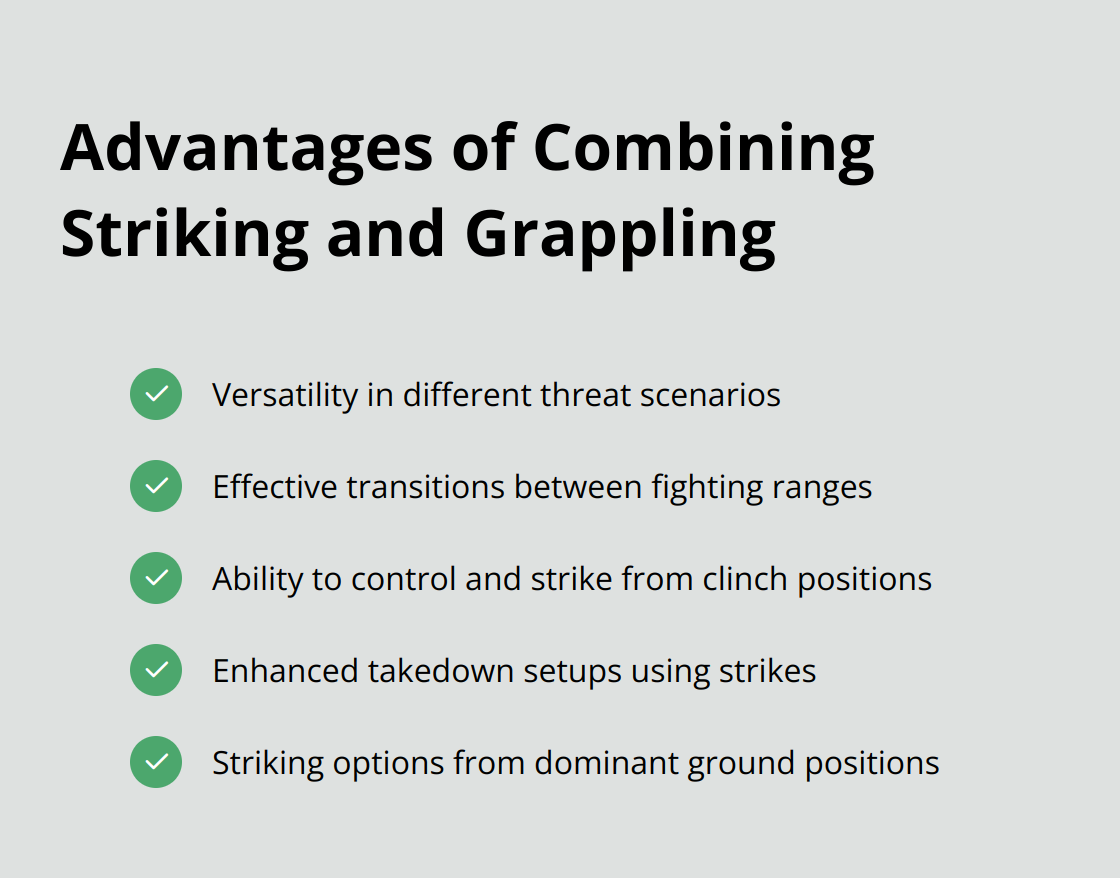 A checkmark list chart showing five advantages of combining striking and grappling techniques in self-defense.
