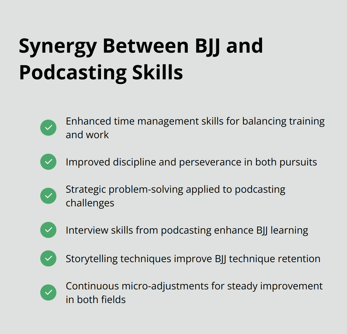 A checkmark list chart illustrating six ways BJJ skills enhance podcasting and vice versa, including time management, discipline, problem-solving, interview skills, storytelling, and continuous improvement. - joe rogan jiu jitsu
