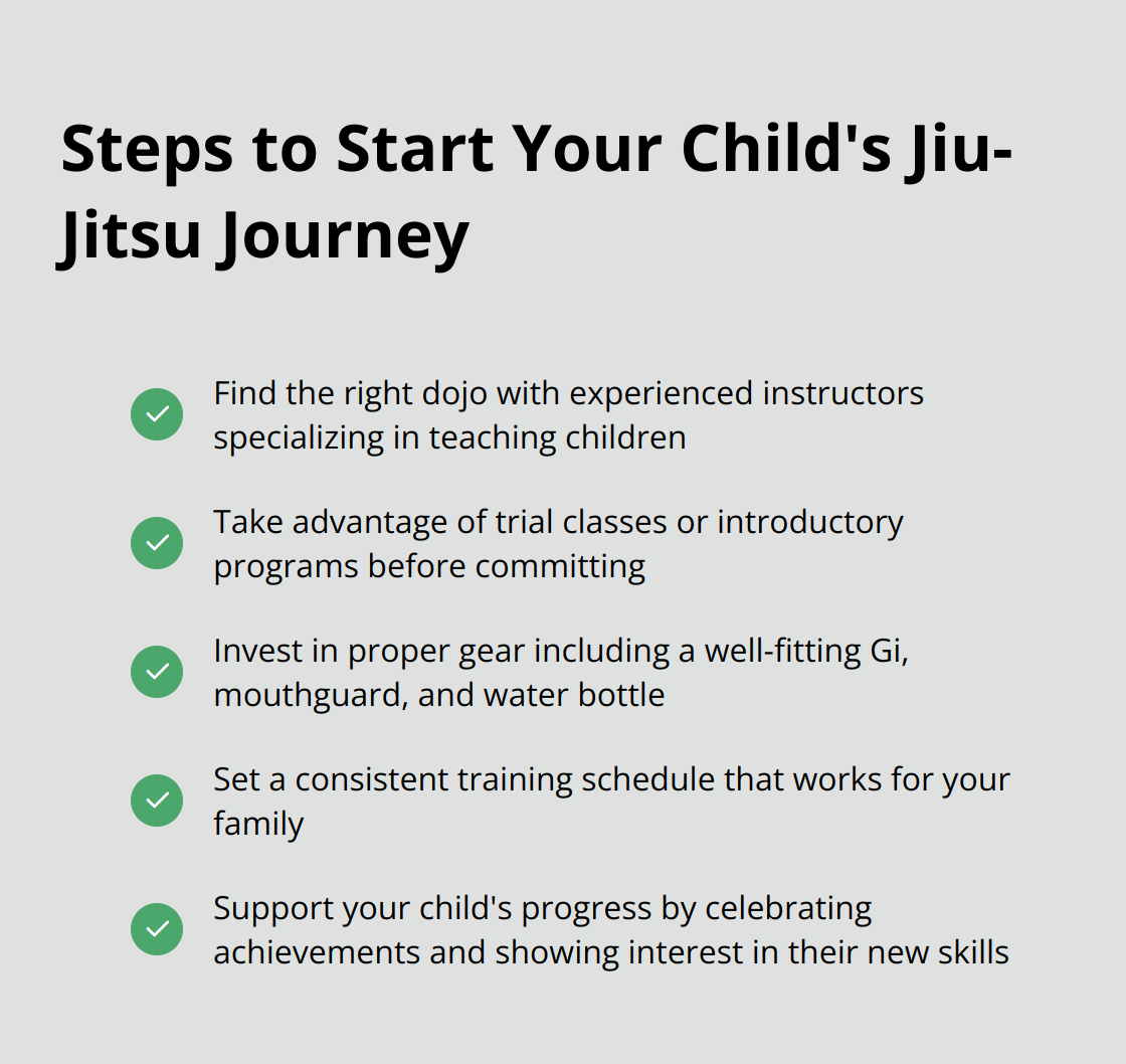 Checkmark list chart outlining five steps to start a child's Jiu-Jitsu journey: find the right dojo, experience before commitment, invest in proper gear, establish a consistent schedule, and support your child's progress.
