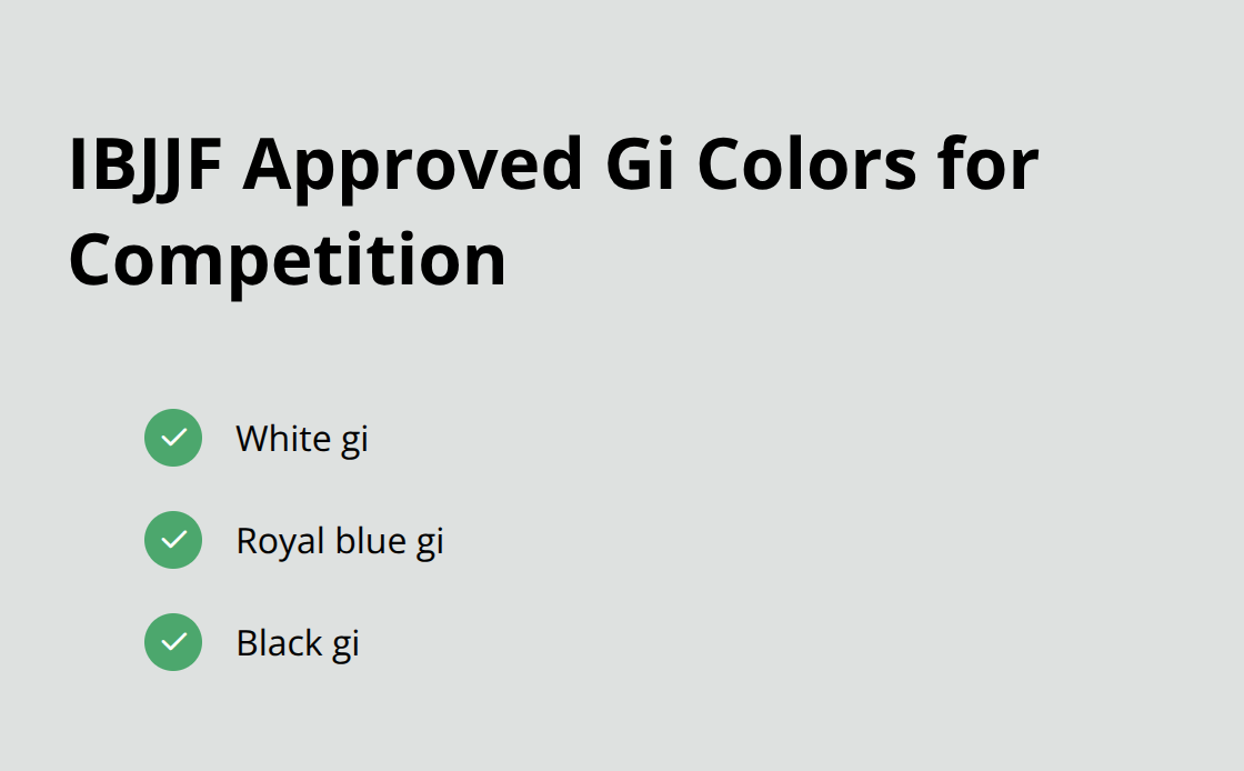 A list of the three permissible gi colors for competition according to the International Brazilian Jiu-Jitsu Federation: white, royal blue, and black. - kimono jiu jitsu