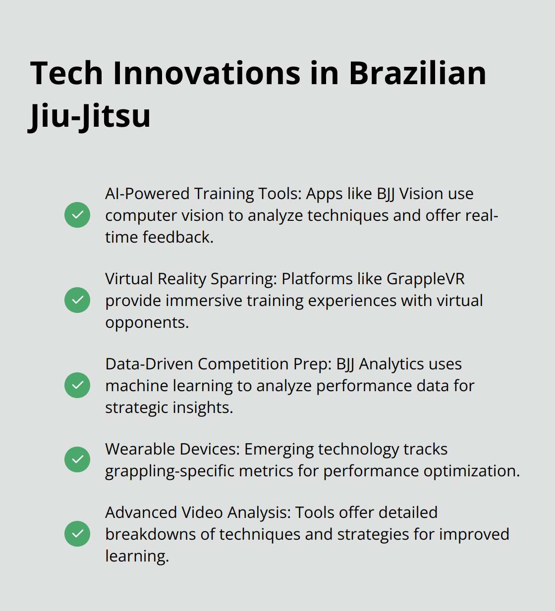 A checkmark list chart showcasing various technological innovations that are reshaping Brazilian Jiu-Jitsu training and competition.