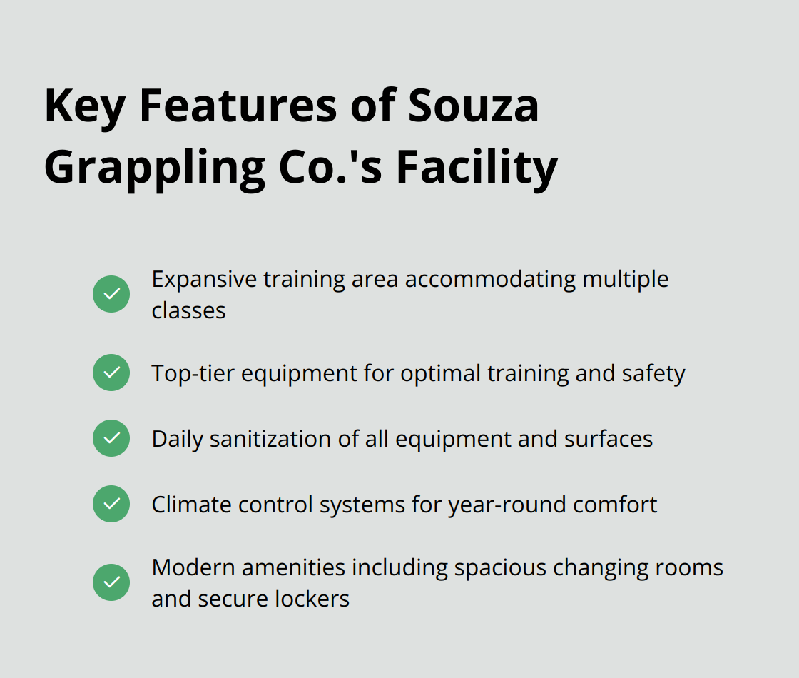 Checklist of Souza Grappling Co.'s facility features: expansive training area, top-tier equipment, daily sanitization, climate control, and modern amenities. - mma gym scottsdale