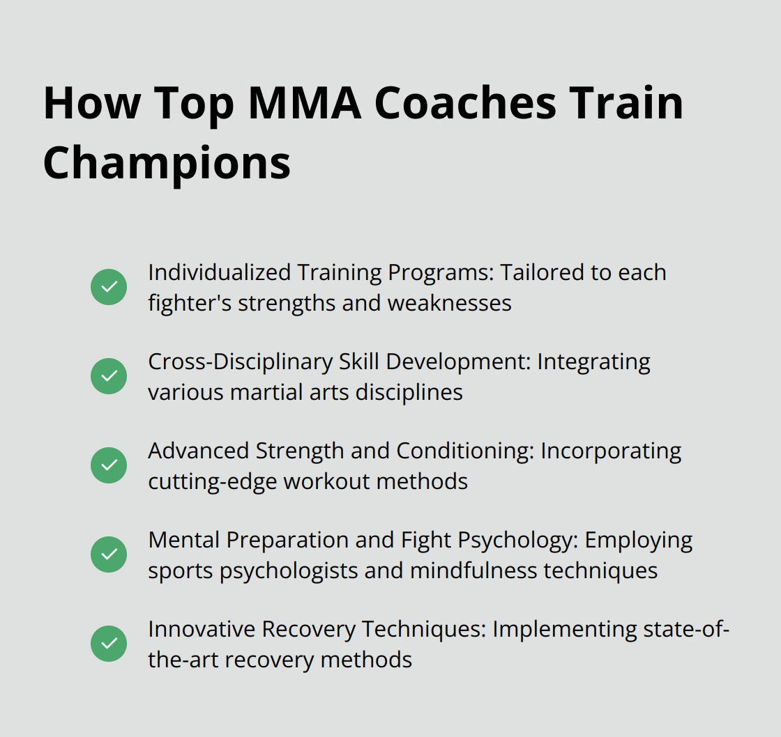 A checkmark list chart showing five key aspects of how top MMA coaches train champions: individualized training programs, cross-disciplinary skill development, advanced strength and conditioning, mental preparation and fight psychology, and innovative recovery techniques. - mma trainers