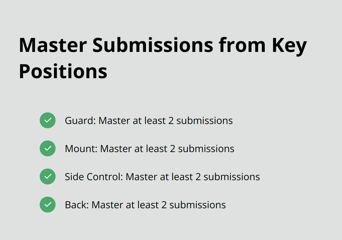 Checkmark list showing the recommendation to master at least two submissions from each major BJJ position - progress jiu jitsu