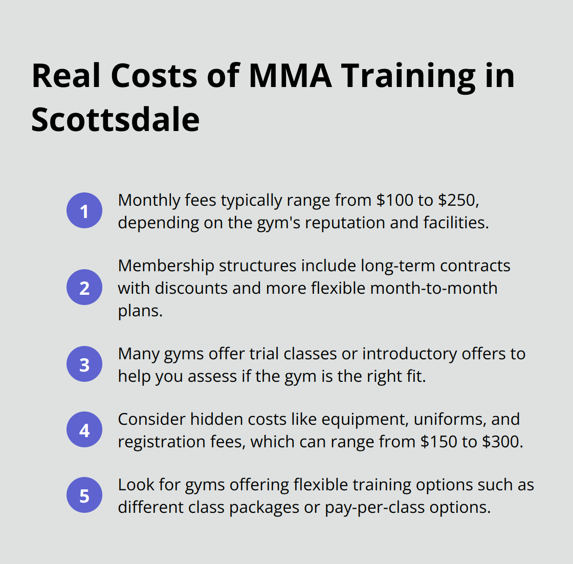Compact ordered list chart showing five key points about the real costs of MMA training in Scottsdale, including monthly fees, membership structures, introductory offers, hidden costs, and flexible training options. - scottsdale mma gym