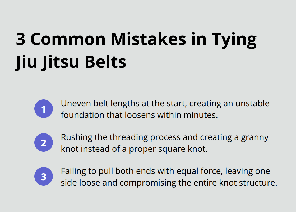 Infographic showing three common mistakes when tying jiu jitsu belts: uneven belt lengths, creating a granny knot, and unequal force when pulling ends.