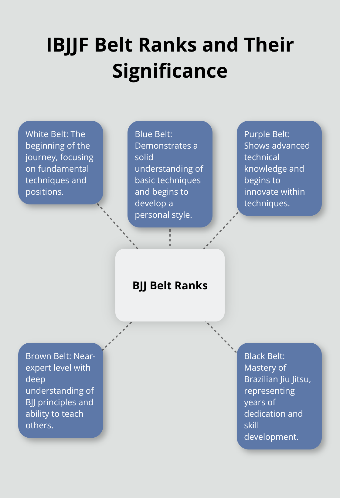 Infographic displaying the IBJJF belt ranks in Brazilian Jiu Jitsu and their significance. - tie jiu jitsu belt